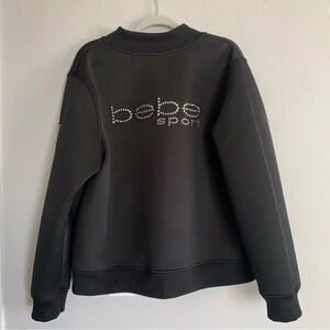 Bebe Black Moto Bomber Logo Jacket Size 2XL Rhinestones Sequin Jacket Y2K
